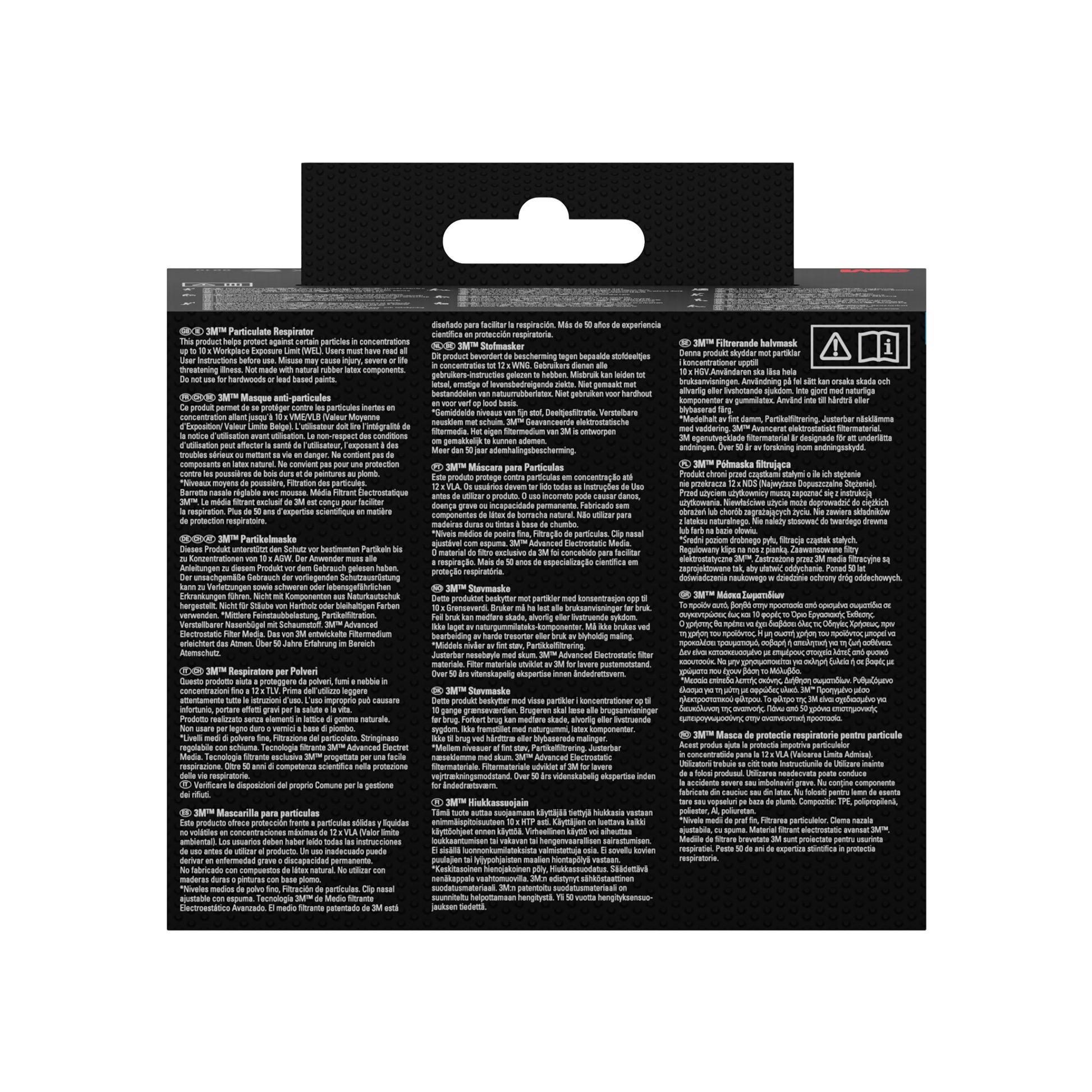 Rückseite der Verpackung der 3M™ Partikelmaske 8710E, FFP1, ohne Ventil von 3M Deutschland GmbH mit Sicherheitshinweisen und Informationen in mehreren Sprachen auf schwarzem Hintergrund mit weißem Text sowie Recycling- und Trockenhaltesymbolen.