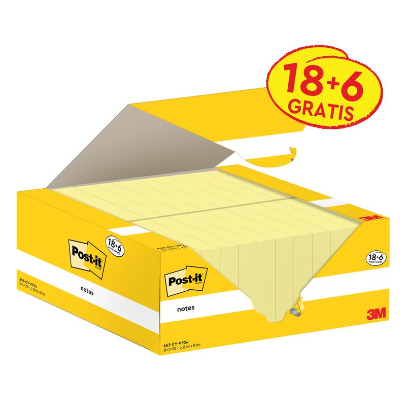 Un carton deschis de Post-it® Notes, Galben (38 mm x 51 mm, 100 foi/bloc), de la 3M Deutschland GmbH dezvăluie mai multe foi galbene; ambalajul oferă 18 blocuri + 6 gratuit și poartă sigla de mediu PEFC.