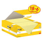 Un carton deschis de Post-it® Notes, Galben (38 mm x 51 mm, 100 foi/bloc), de la 3M Deutschland GmbH dezvăluie mai multe foi galbene; ambalajul oferă 18 blocuri + 6 gratuit și poartă sigla de mediu PEFC.