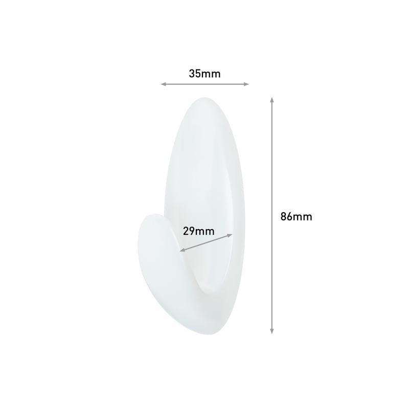 Cârligul pentru prosoape de baie Command™ de la 3M Deutschland GmbH este un cârlig de perete alb, neted, oval, cu o lățime de 35 mm, o adâncime de 29 mm și o înălțime de 86 mm.