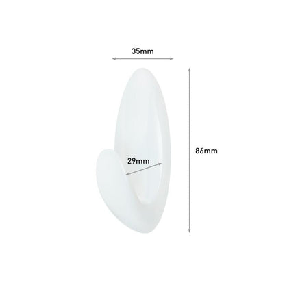 Cârligul pentru prosoape de baie Command™ de la 3M Deutschland GmbH este un cârlig de perete alb, neted, oval, cu o lățime de 35 mm, o adâncime de 29 mm și o înălțime de 86 mm.
