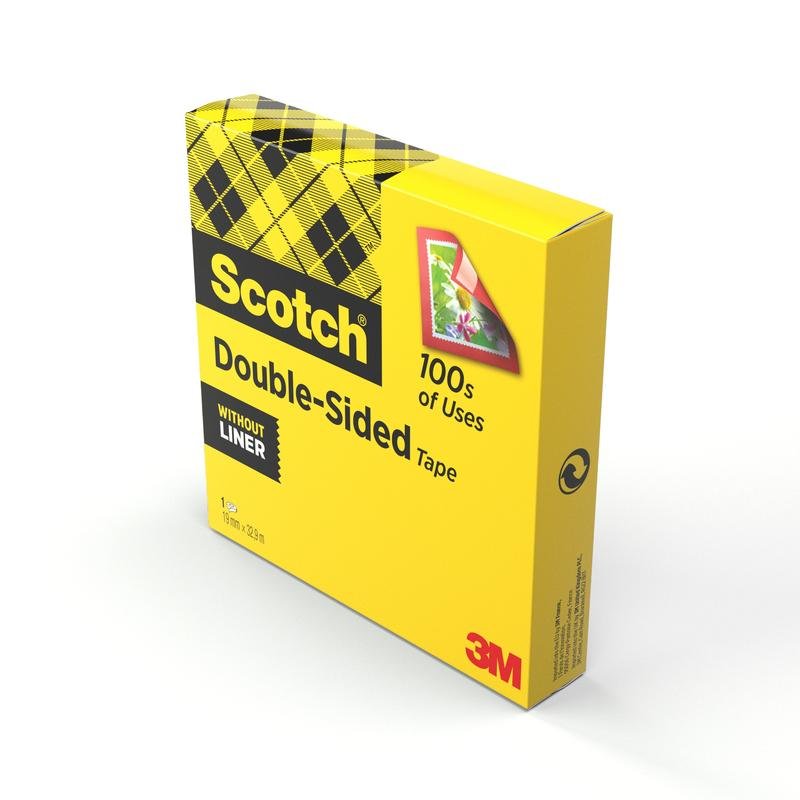 O cutie galbenă Scotch® bandă dublu adezivă (1 rolă, 19 mm x 33 m) de la 3M Deutschland GmbH, ideală pentru necesități de bricolaj, arată eticheta și o carte cu flori - fără suport.