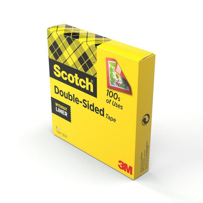 O cutie galbenă Scotch® bandă dublu adezivă (1 rolă, 19 mm x 33 m) de la 3M Deutschland GmbH, ideală pentru necesități de bricolaj, arată eticheta și o carte cu flori - fără suport.