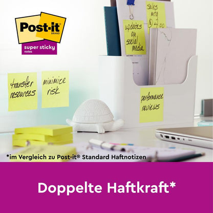 Un birou cu notițe galbene Post-it® Super Sticky (76 mm x 76 mm, 45 foi/bloc, 100% PEFC) de la 3M Deutschland GmbH, care sunt lipite pe sticlă cu inscripțiile "Transferați resurse" și "Minimizați riscul". Se văd provizii și o figurină ecologică albă de țestoasă.