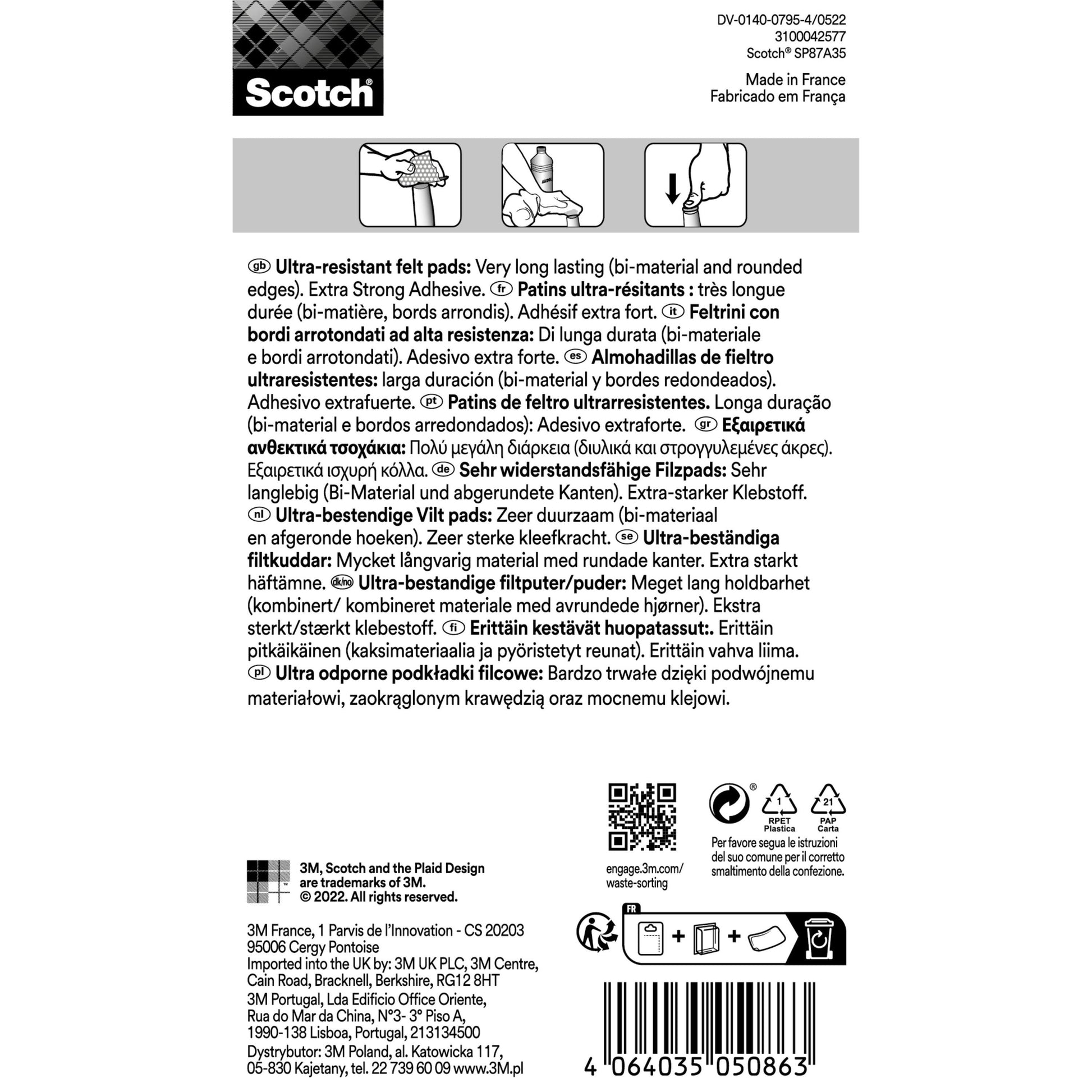 Rückseite einer Packung 3M Deutschland GmbH Scotch® Extrembeständige Filzpads SP87A35 (Ø 25mm, grau/weiß, 8 Stück), mit mehrsprachigen Informationen zur Selbstklebekraft, Haltbarkeit, sowie einem Barcode und Symbolen unten rechts.