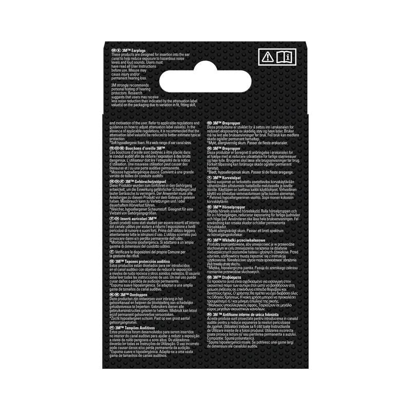 Vedere din spate a ambalajului de vânzare cu amănuntul pentru dopuri de protecție auditivă 3M™ 1100 (spumă moale, SNR 35 dB, portocaliu) de la 3M Deutschland GmbH, cu informații despre produs în alb, multilingv, în trei coloane; agățătoare în partea de sus.