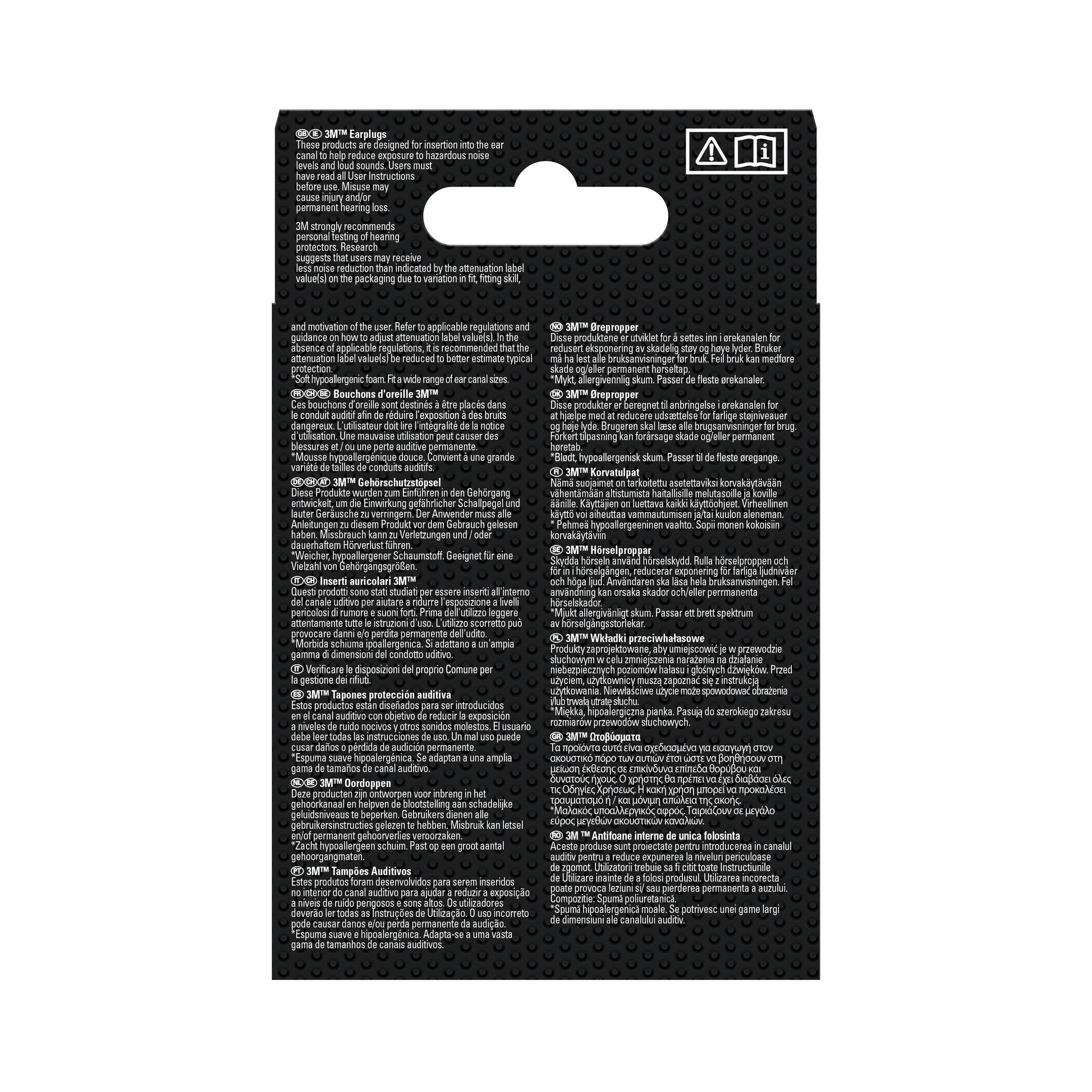 Rückansicht der 3M™ Gehörschutzstöpsel 1100 (Weichschaum, SNR 35 dB, Orange) Einzelhandelsverpackung von 3M Deutschland GmbH, mit weißer, mehrsprachiger Produktinformation in drei Spalten; Aufhängelasche am oberen Rand.