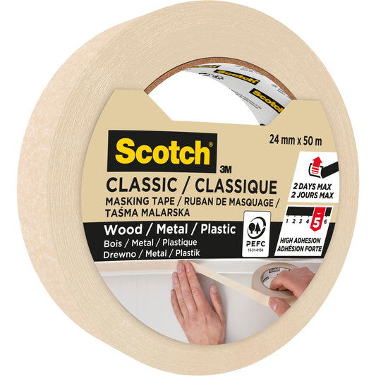Scotch® Classic Abdeckband von 3M Deutschland GmbH, Rolle 24 mm x 50 m, für die Anwendung auf Holz, Metall und Kunststoff, mit hoher Klebkraft und max. 2 Tagen Anwendungsdauer. Die Packung enthält 1 Rolle, PEFC-zertifiziert (70%).