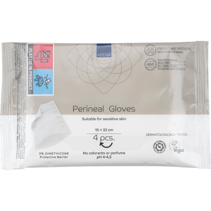 Pachet (4 bucăți) mănuși perineale de la Abena Re-Seller GmbH: testate dermatologic, vegane, fără coloranți și parfumuri, cu protecție de barieră - ideale pentru îngrijirea perineală, potrivite pentru pielea sensibilă.