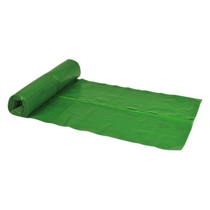 Un sac de gunoi verde Abena Re-Seller GmbH de 70 L, 575x1000 mm, 32 my LDPE Liner parțial desfășurat se află pe un fundal alb, cu restul rolei - perfect pentru o eliminare eficientă a deșeurilor.