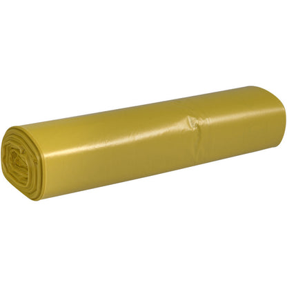 O rolă de saci de gunoi Abena Re-Seller GmbH de 70 L (575x1000 mm, 32 my LDPE) este așezată orizontal pe un fundal alb. Sacii galbeni, netezi și strălucitori sunt ambalați ferm și sunt ideali pentru o eliminare eficientă a deșeurilor.