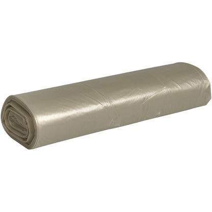O rolă de saci de gunoi Abena Re-Seller GmbH de 70 L (575x1000 mm, 32 my LDPE) în culoarea bej este strâns rulată și plasată pe o suprafață albă - perfectă pentru o eliminare eficientă a deșeurilor.