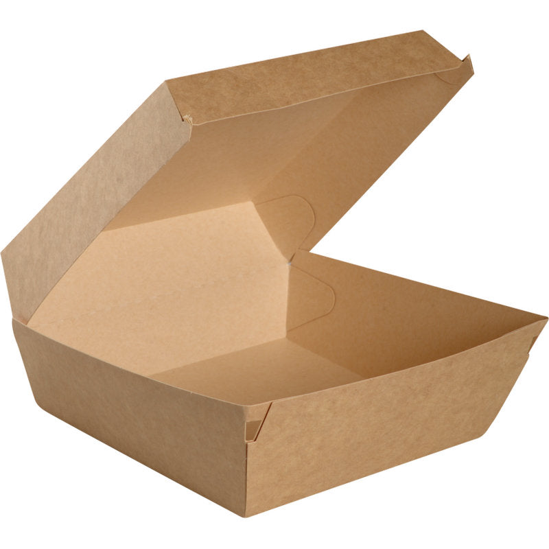 Cutia Burger Box Kraft de la Abena Re-Seller GmbH este o cutie dreptunghiulară maro din carton reciclabil. Deschisă cu capacul ridicat, acest ambalaj ecologic din hârtie este ideal pentru ambalarea sustenabilă a alimentelor.