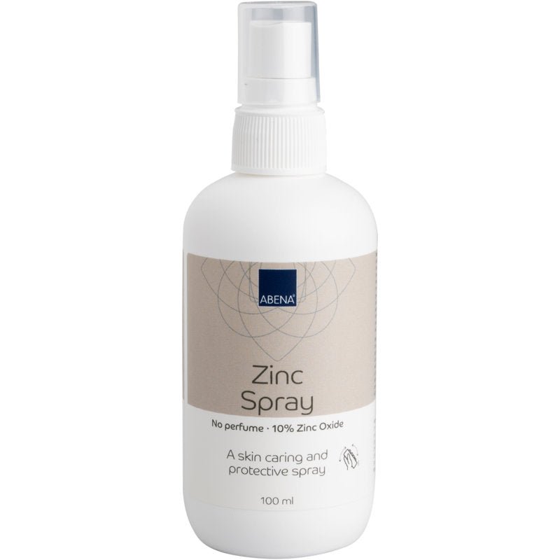 O sticlă de pulverizare din plastic albă de 100 ml cu inscripția "Spray cu zinc, 10% oxid de zinc" de la Abena Re-Seller GmbH. Pe etichetă scrie "Fără parfum" și promovează îngrijirea și protecția pielii. Disponibilă în cutii de câte 6. Ideală pentru aplicare delicată.