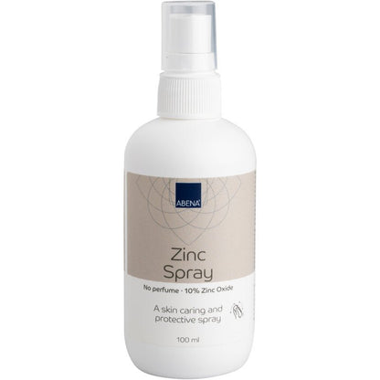 O sticlă de pulverizare din plastic albă de 100 ml cu inscripția "Spray cu zinc, 10% oxid de zinc" de la Abena Re-Seller GmbH. Pe etichetă scrie "Fără parfum" și promovează îngrijirea și protecția pielii. Disponibilă în cutii de câte 6. Ideală pentru aplicare delicată.