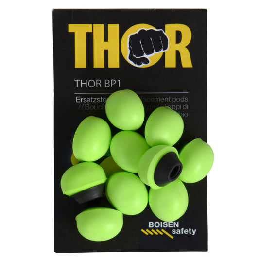Eine Packung mit der Aufschrift "Thor Refill für Bügelgehörschutz (812011)" der Abena Re-Seller GmbH enthält 60 Paar hellgrüne Ersatzstöpsel, teilweise mit schwarzen Innenteilen, die auf der Nachfüllpackung angeordnet sind.