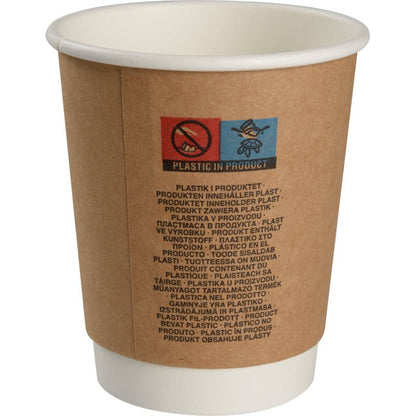 Cana de cafea cu perete dublu "Kraft" de la Abena Re-Seller GmbH este un pahar de carton de unică folosință maro-alb, inscripționat cu avertismente și "Plastic în produs" în mai multe limbi; cănile izolante din oțel inoxidabil oferă o alternativă reutilizabilă.