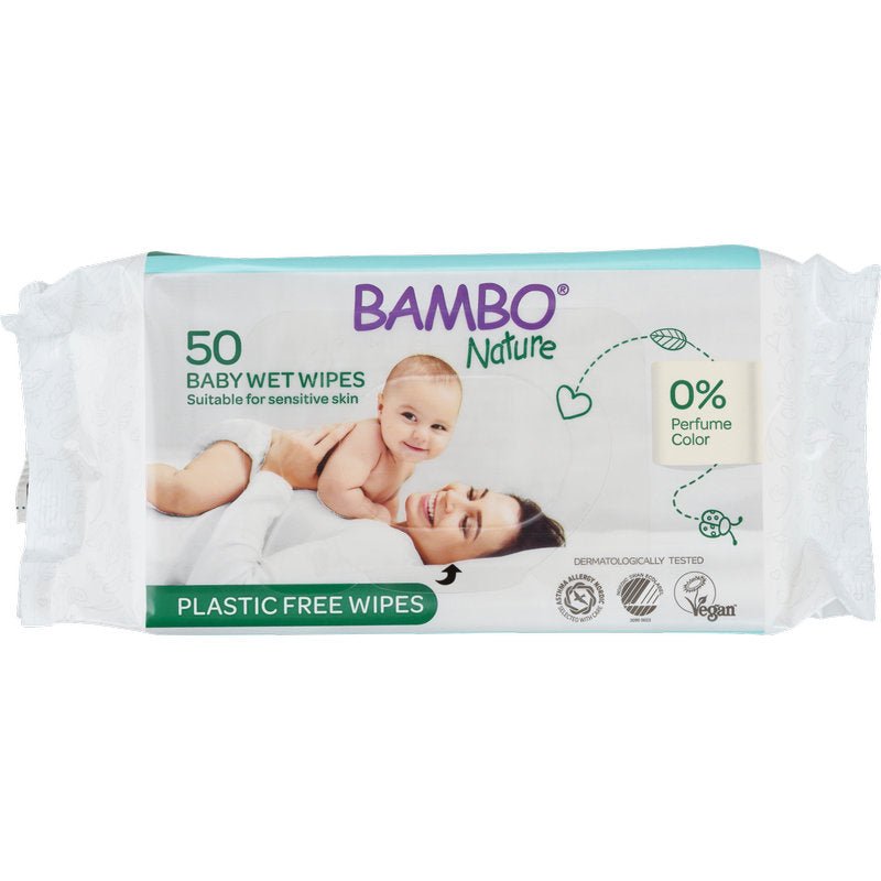 Un pachet de șervețele umede Bambo Nature (50 bucăți) de la Abena Re-Seller GmbH, fabricate din 100% viscoză, biodegradabile, potrivite pentru pielea sensibilă, cu 0% parfum și coloranți.