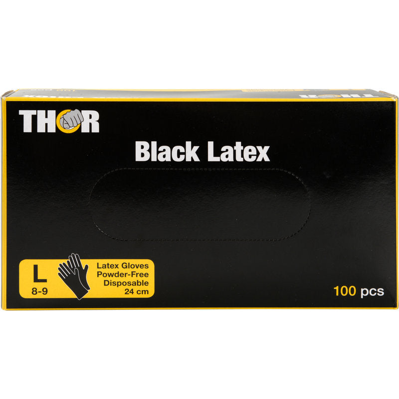 Eine schwarze Schachtel mit der Aufschrift "Thor Black Latex, Puderfrei" von Abena Re-Seller GmbH enthält 100 große (8-9), puderfreie, schwarze Einweg-Latexhandschuhe (24 cm). Die Schachtel ist mit gelber und weißer Schrift sowie einem Handschuhsymbol versehen.