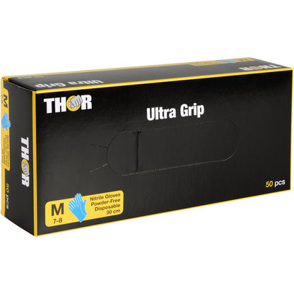 O cutie albastră cu inscripția "Thor Ultra Grip Long" de la Abena Re-Seller GmbH conține 50 de mănuși de nitril albastru de mărime medie, fără pudră (30 cm, mărimea 7-8), pe a căror față este ilustrată o mănușă.