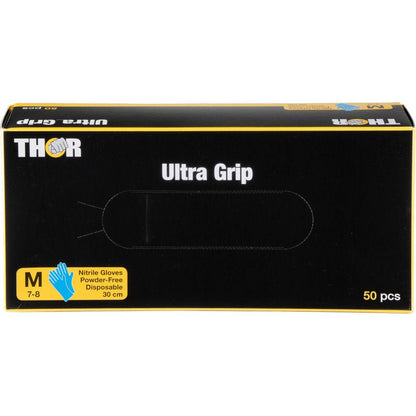 O cutie neagră-galbenă de la Abena Re-Seller GmbH cu inscripția "Thor Ultra Grip Long, mănuși din nitril, 30 cm, albastru" conține 50 de mănuși de unică folosință de mărime medie (7-8), fără pudră, albastre; un simbol albastru de mână indică tipul mănușii.