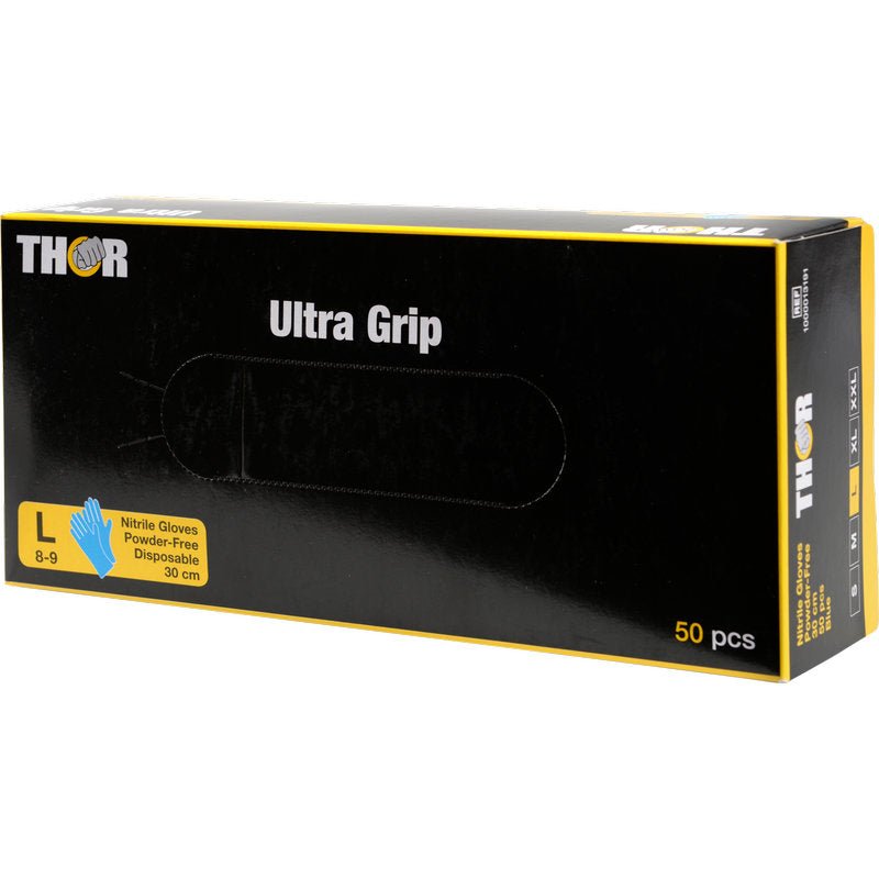 O cutie albastră cu inscripția "Thor Ultra Grip Long" de la Abena Re-Seller GmbH conține 50 de mănuși mari de unică folosință din nitril, fără pudră (30 cm).