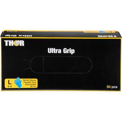 O cutie albastră de mănuși din nitril Thor Ultra Grip Long de la Abena Re-Seller GmbH, 30 cm, mărime mare (8-9), fără pudră, cu un simbol de mănușă și textul că conține 50 de mănuși de unică folosință.