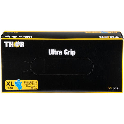 O cutie cu 50 de mănuși din nitril Thor Ultra Grip Long de la Abena Re-Seller GmbH, 30 cm, albastru, fără pudră și de unică folosință, cu accente albastre și galbene și un simbol de mână.
