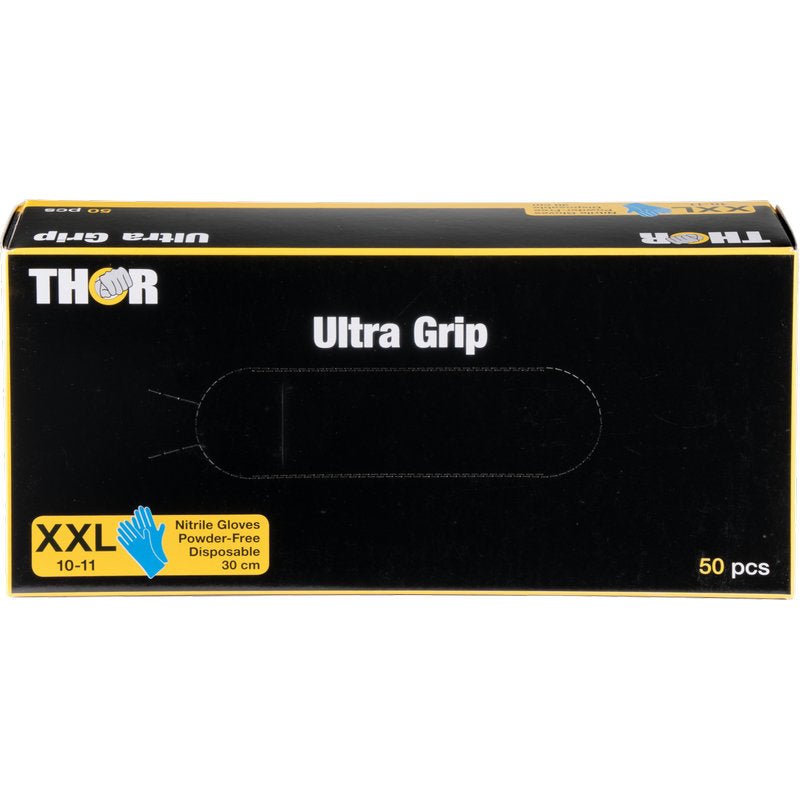 O cutie dreptunghiulară neagră de la Abena Re-Seller GmbH cu inscripția "Thor Ultra Grip Long" conține 50 de mănuși XXL din nitril albastre (30 cm, fără pudră, de unică folosință) cu o etichetă galbenă și o imagine cu o mănușă albastră în colțul din stânga jos.