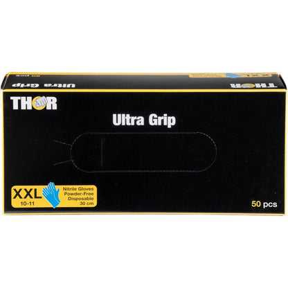O cutie dreptunghiulară neagră de la Abena Re-Seller GmbH cu inscripția "Thor Ultra Grip Long" conține 50 de mănuși XXL din nitril albastre (30 cm, fără pudră, de unică folosință) cu o etichetă galbenă și o imagine cu o mănușă albastră în colțul din stânga jos.
