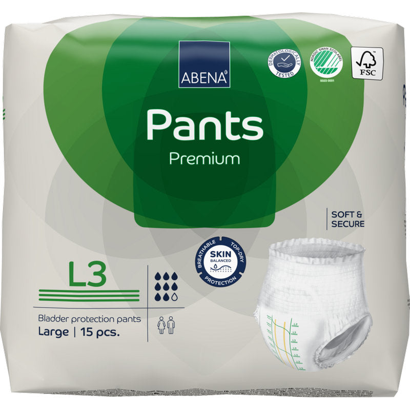Eine 15er-Packung ABENA Pants Premium L der Abena Re-Seller GmbH in grün-weißer Verpackung mit Auslaufschutz, Produktinfo und einem Bild der Hose auf der Vorderseite.