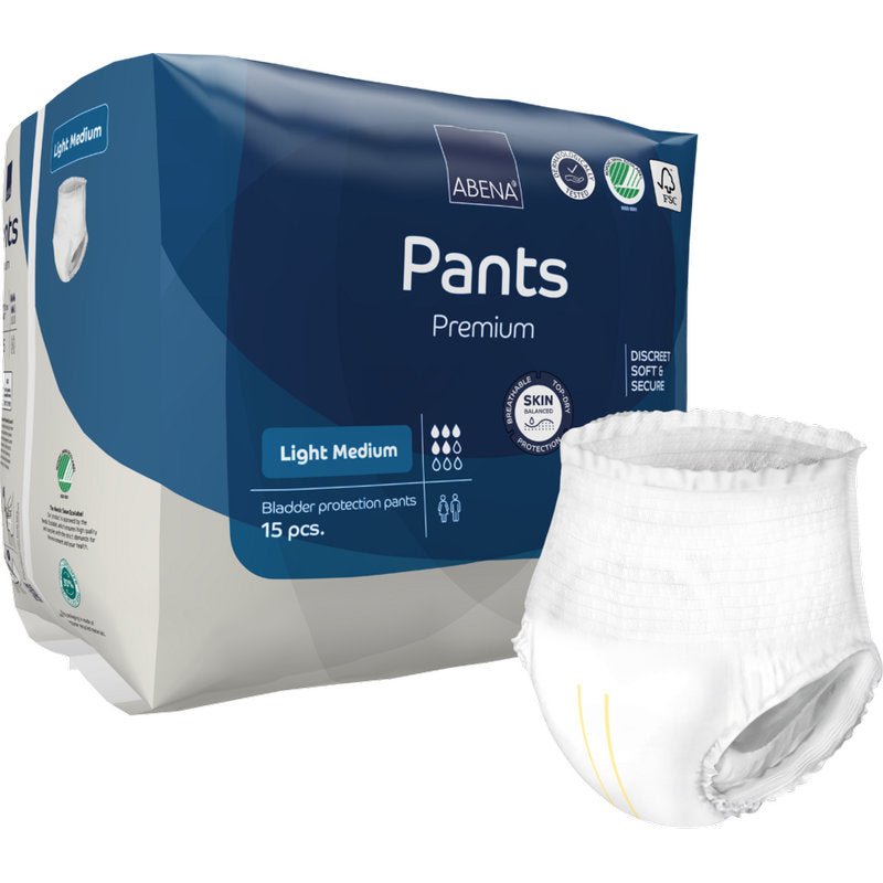 Un pachet cu 15 ABENA Pants Light de la Abena Re-Seller GmbH, mărimea Light Medium. Un chilot discret pentru adulți este prezentat în fața ambalajului albastru-alb.