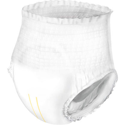 ABENA Pants Light de la Abena Re-Seller GmbH este un scutec alb de unică folosință pentru copii, cu bandă elastică, deschideri elastice pentru picioare și două linii galbene pe față, care stă vertical pe un fundal uni.