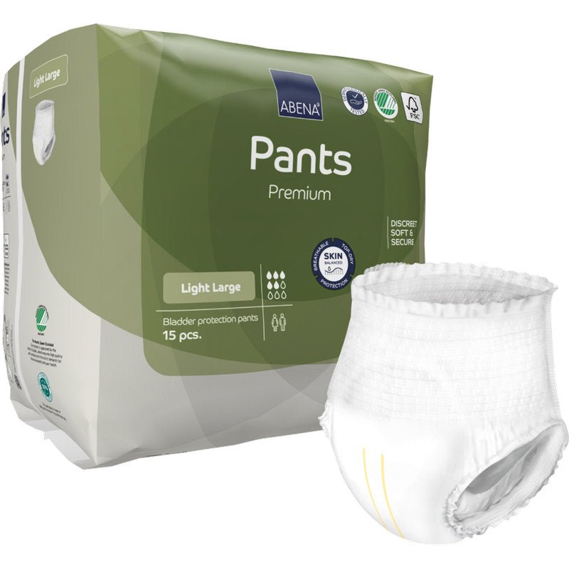 Imaginea arată un pachet ABENA Pants Light de la Abena Re-Seller GmbH în mărimea Large cu un scutec alb deschis. Pachetul ecologic conține 15 scutece de unică folosință compatibile cu pielea.