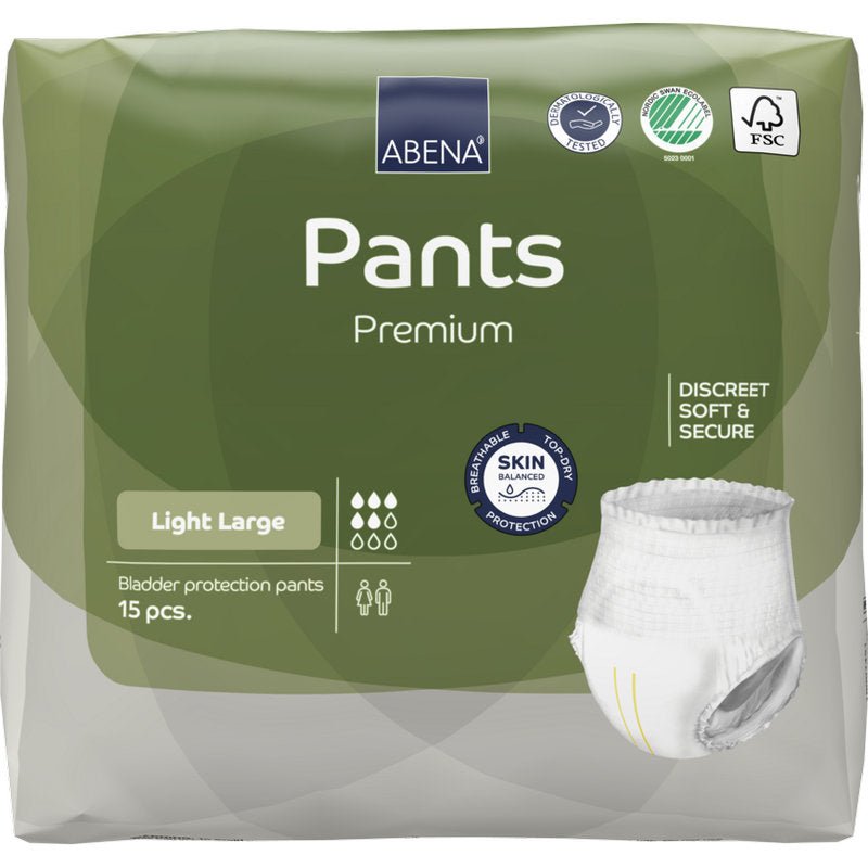 Un pachet de 15 bucăți ABENA Pants Light de la Abena Re-Seller GmbH, mărime mare, cu ambalaj verde pentru protecția pielii și o potrivire moale și sigură - chiloții ideali de unică folosință pentru protecție discretă a vezicii urinare.