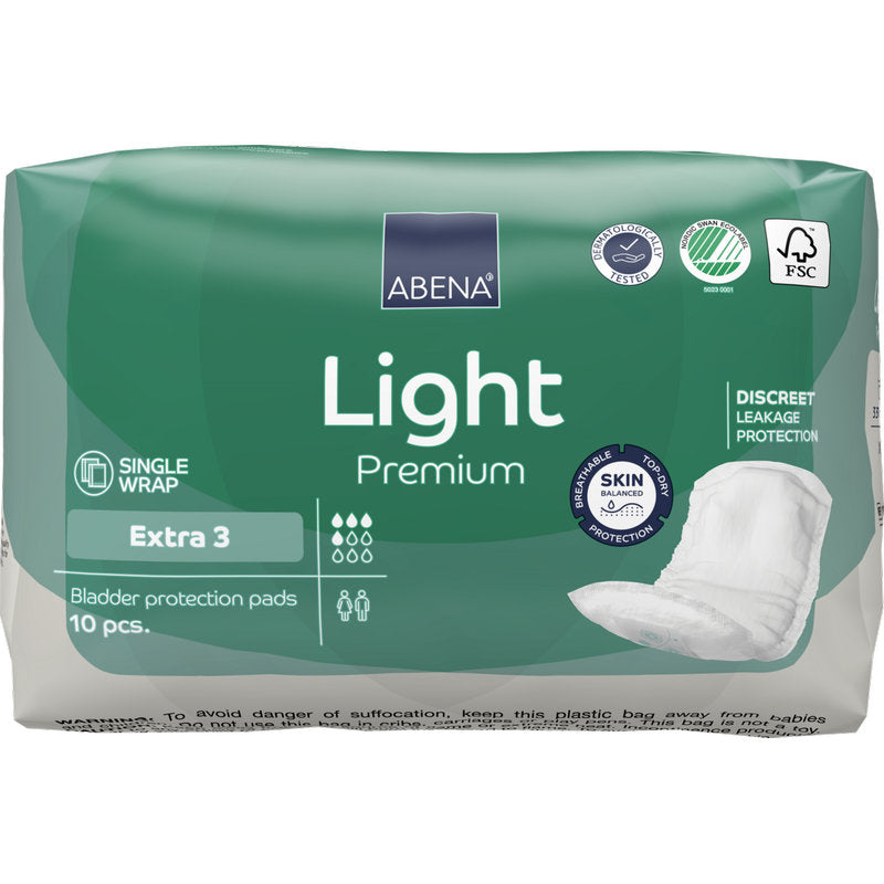 Eine grün-weiße Packung ABENA Light Extra 3, Premium von Abena Re-Seller GmbH, enthält 10 Stück Blasenschutzeinlagen. Die Verpackung zeigt die Eigenschaften und ein Bild der Einlage auf der rechten Seite für den täglichen Komfort.