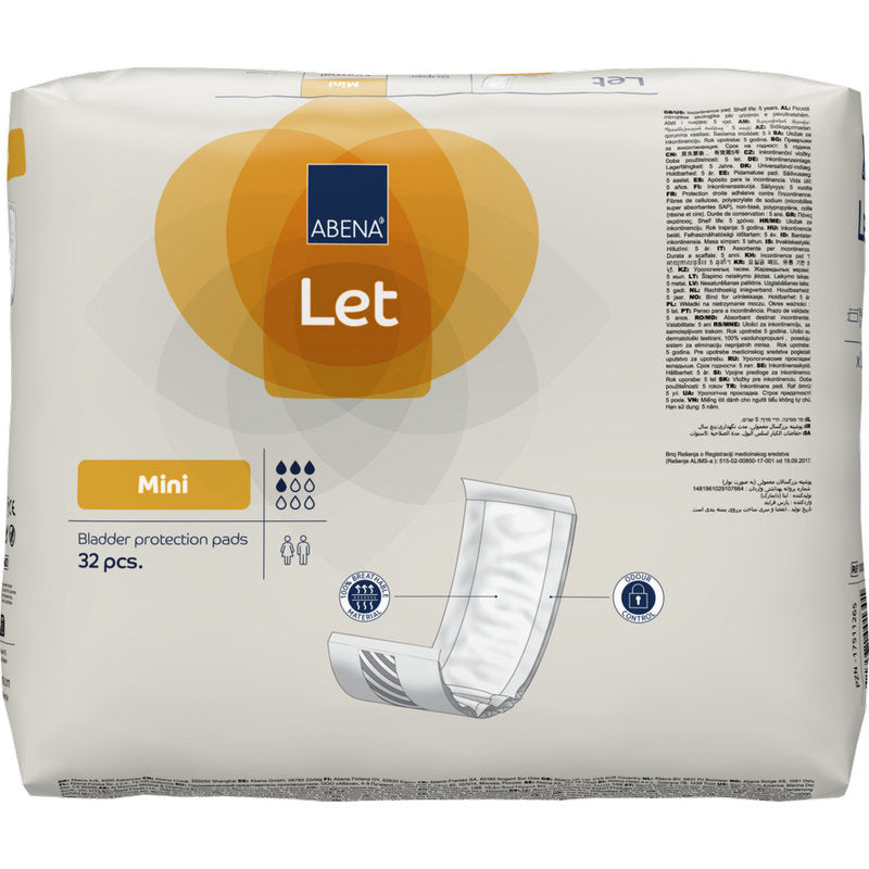 Eine Packung mit 32 ABENA Let Blasenschutzpads der Abena Re-Seller GmbH besticht durch ein überwiegend weißes Design mit orangefarbenen Akzenten und einer Pad-Illustration - ideal zur Aufbewahrung in Ihrer strapazierfähigen Tasche.