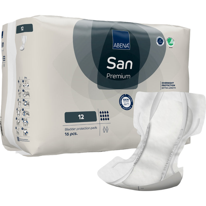 Eine Packung ABENA San Premium der Abena Re-Seller GmbH ist neben einem einzelnen geöffneten Tampon abgebildet. Auf der Verpackung sind die Menge, die hohe Saugfähigkeit, die Saugstärke und verschiedene Produktsymbole angegeben.