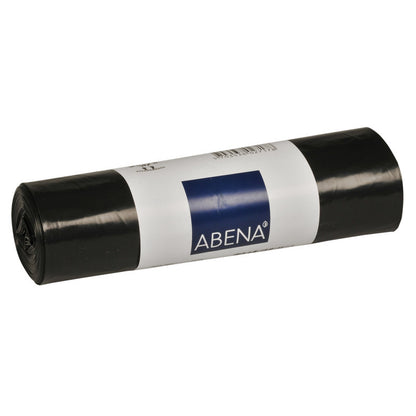Un rolă de saci de gunoi negri cu un imprimeu alb-albastru al mărcii Abena Re-Seller GmbH cu denumirea "Saci de gunoi pentru Sækko Boy 120, 35 my LLDPE".