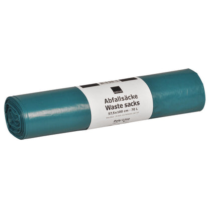 Un sac de gunoi Abena Re-Seller GmbH LDPE de 70 L (575x1000 mm, 32 my) rulat în albastru, cu o etichetă albă, ideal pentru eliminarea deșeurilor.