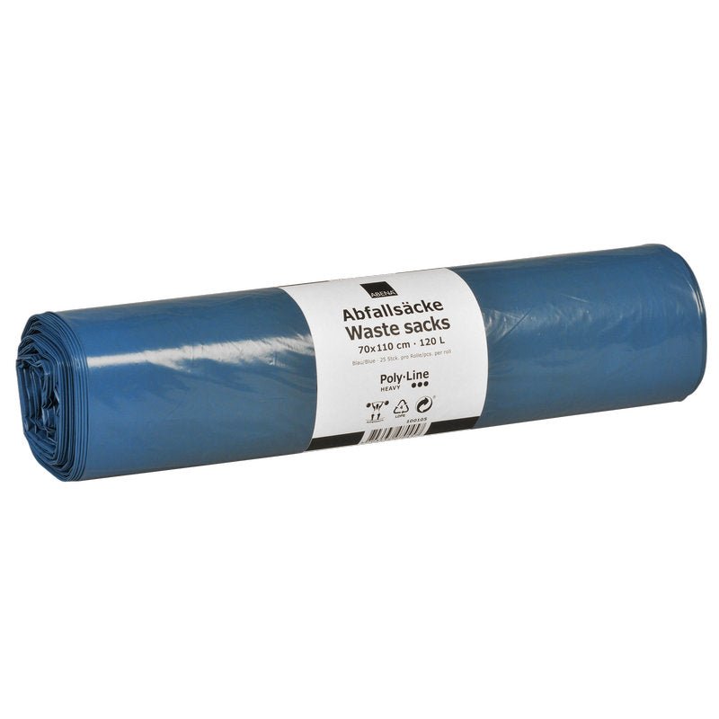 Un rolă de saci de gunoi Abena Re-Seller GmbH 120 L, 700x1100 mm, Albastru (15 saci/rolă), cu etichetă albă în germană și engleză cu detalii despre produs.