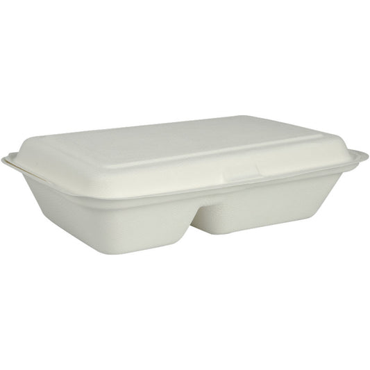 Eine weiße Menübox Bagasse, 2-geteilt (25x16,2x6,3 cm) von Abena Re-Seller GmbH aus nachhaltigem Material, liegt geschlossen auf weißem Hintergrund. Verpackungseinheit: 50 Stück.