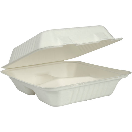 Die Abena Re-Seller GmbH Menübox (Bagasse, 3-geteilt, weiß, 22,3x20x7,8 cm), Packung à 50 Paare, ist biologisch abbaubar und umweltfreundlich - offen und leer mit praktischem Klappdeckel gezeigt.