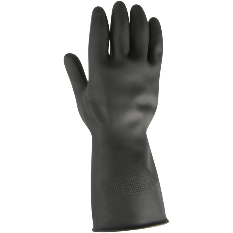 Der Thor Black Heavy Duty Haushaltshandschuhe Latex von Abena Re-Seller GmbH ist ein schwarzer Handschuh mit strukturiertem Griff an Fingern und Handgelenk, hier unbenutzt mit der Handfläche nach vorne - ideal zum Schutz bei Reinigungsarbeiten oder industrieller Reinigung.