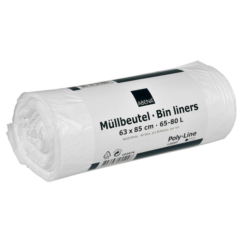 Un rulou de saci de gunoi Abena Re-Seller GmbH 65-80 L, 630x850 mm, 8 my HDPE în alb (40 saci), inscripționat cu "Müllbeutel - Bin liners" în germană și engleză, prezentat pe un fundal alb.