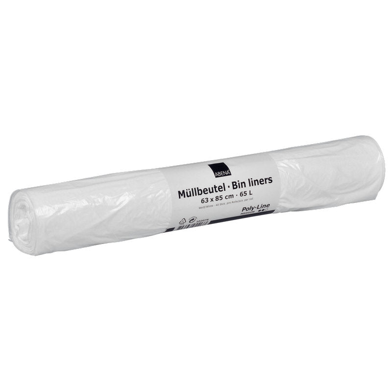 Un sul alb de saci de gunoi Abena Re-Seller GmbH 65 L (630x850 mm, 13 my LDPE), nefolosit și bine ambalat, conține 40 de saci pe rolă - ideal pentru eliminarea deșeurilor.