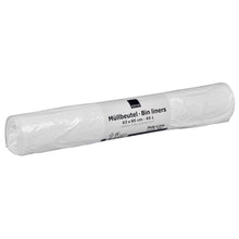Eine weiße Rolle Abena Re-Seller GmbH Müllbeutel 65 L (630x850 mm, 13 my LDPE), unbenutzt und fest verpackt, enthält 40 Beutel pro Rolle - ideal für die Abfallentsorgung.