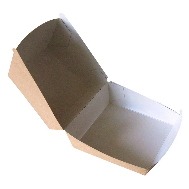 Cutia Burger Box Kraft de la Abena Re-Seller GmbH are o parte exterioară maro și o parte interioară albă cu un capac cu balama. Este prezentată deschisă pe un fundal alb și este perfectă pentru ambalarea gustărilor.