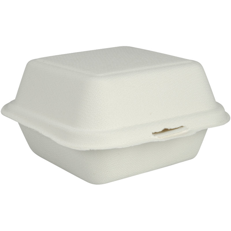 Cutia Burger Bagasse, Alb de la Abena Re-Seller GmbH este un recipient de mâncare dreptunghiular, alb, închis, pentru luat la pachet, din material biodegradabil, cu suprafață texturată și închidere frontală - perfectă ca ambalaj ecologic pentru mesele dumneavoastră.