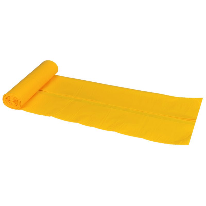 Un sac de gunoi galben Abena Re-Seller GmbH pentru Sækko Boy 40 (35 my LLDPE) este parțial derulat de pe rolă și se află plat pe o suprafață albă.